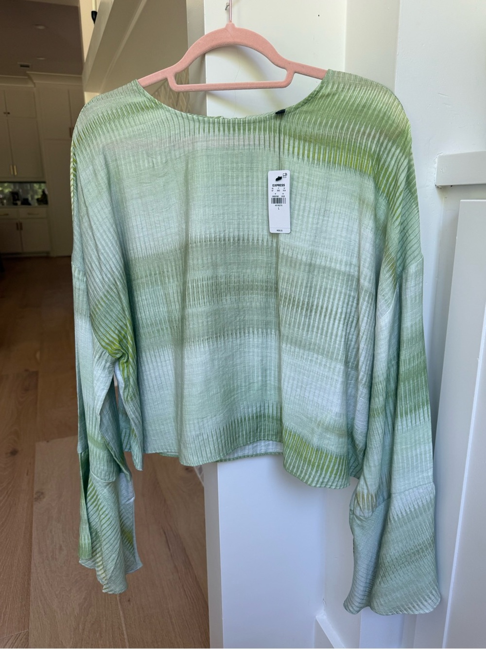 NWT Express Tie Dye Blouse L Green Flowy Bell Sleeve Boho Top